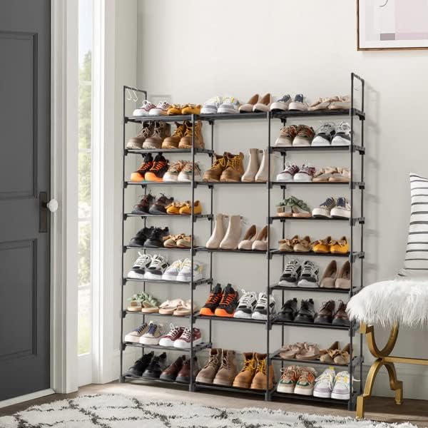 9-Tier Adjustable Metal Shoe Rack Organizer, Large Capacity Freestanding Shelf with Hooks, 50-55 Pairs, 50 x 62.25 Inch