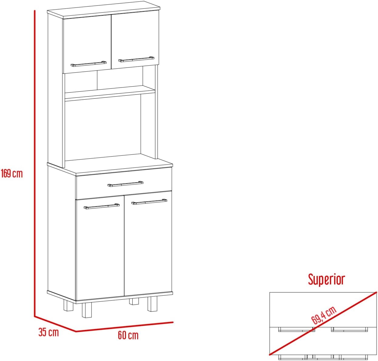 Bay Area Pantry with Two Door Cabinets, One Drawer and Adjustable Metal Legs - White