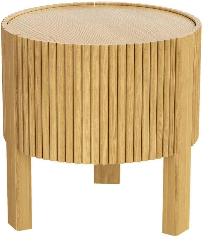 Natural Wood Round Fluted Side Table, Boho end Tables Living Room, Decorative Accent Table for entryway