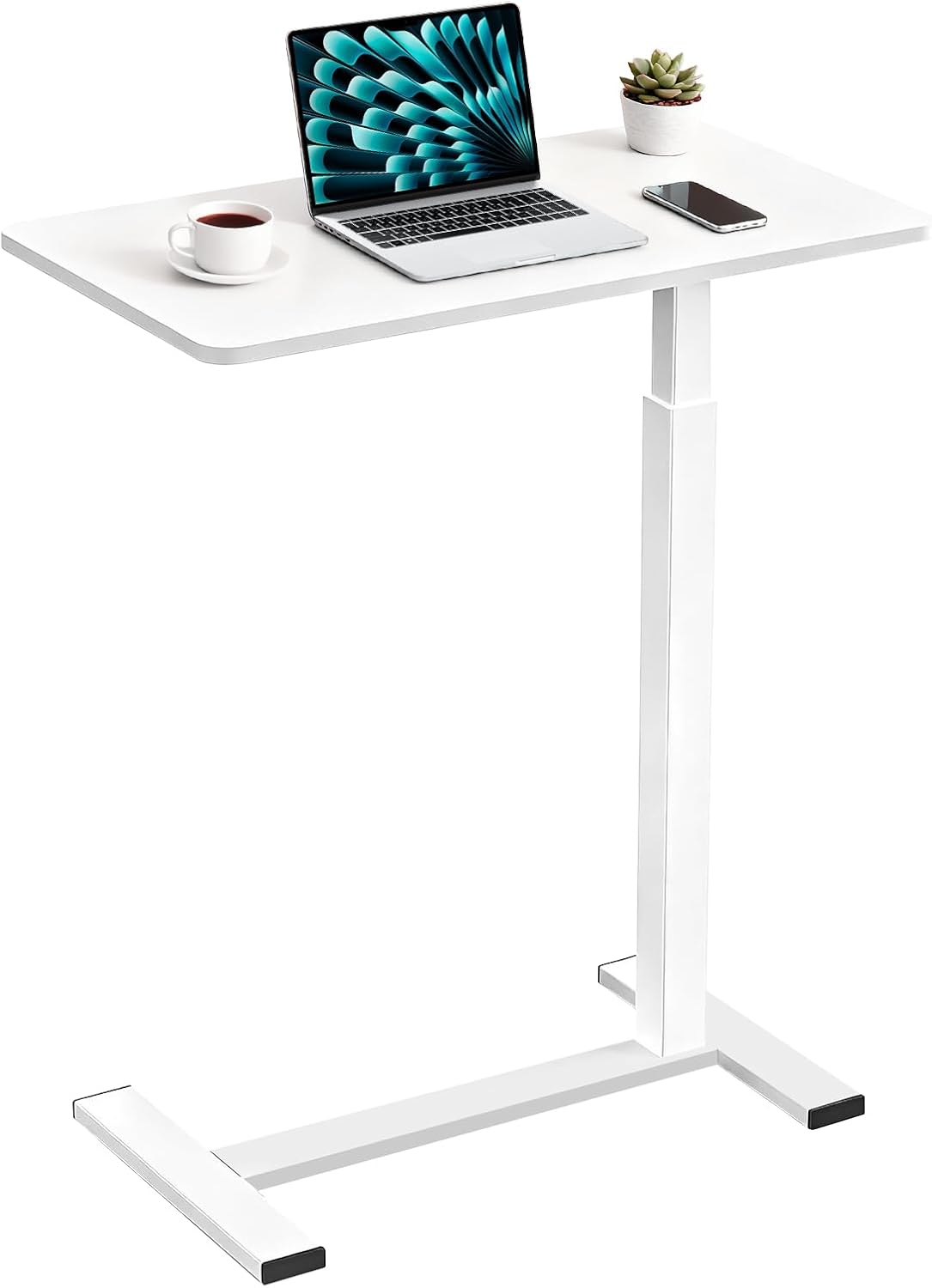 Pneumatic Adjustable Height C-Shaped End Table,Slides Under Furniture, Hospital Bed Table Side Table for Sofa & Bedside, Hidden Wheels for Small Spaces(15.8''Wx31.5'D'x37.1''H,White)