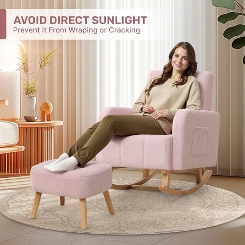 HCHAIRH Rocking Chair with Ottoman, Upholstered Glider Rocker Armchair with High Backrest and Side Pocket, Comfy Reading Chair with Solid Wood Legs for Nursery, Living Room,Bedroom, Pink