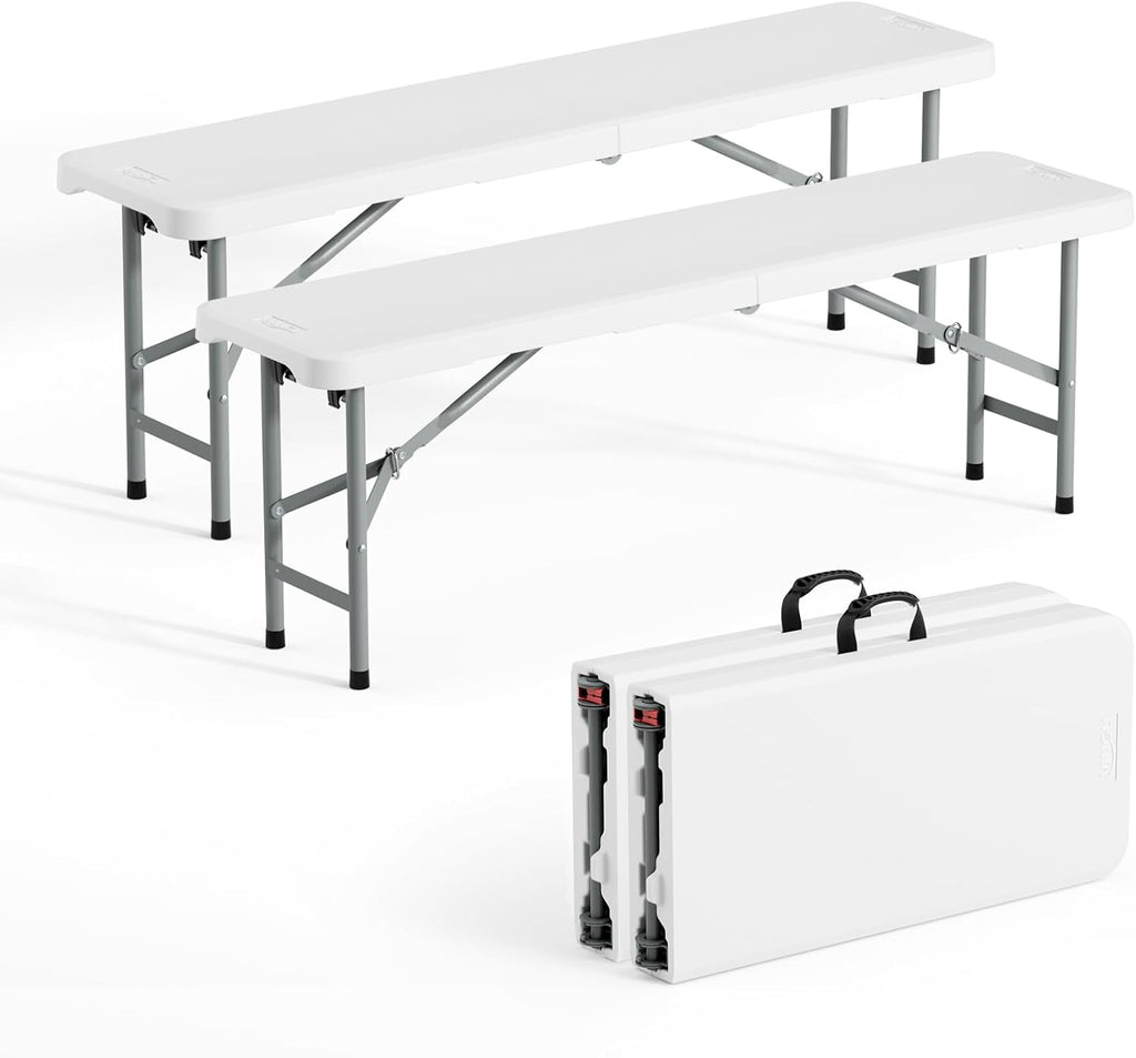 VINGLI 4 feet Plastic Folding Bench,Portable in/Outdoor Picnic Party Camping Dining Seat, Garden Soccer Multipurpose Entertaining Activities, Smooth HDPE Tabletop (2, White, 4ft)
