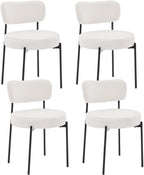 Boucle Dining Chair Set of 4, Mid Century Modern Upholstered Kitchen Chairs with Curved Backrest & Black Metal Legs, Round Dining Room Chairs, White
