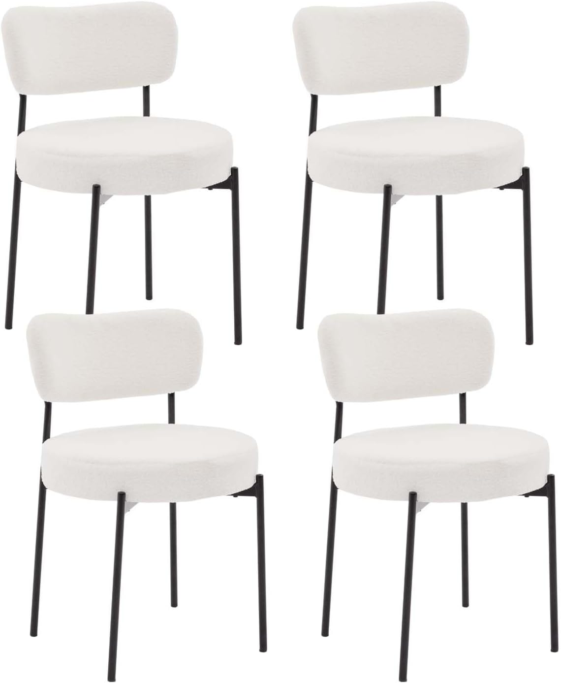 Boucle Dining Chair Set of 4, Mid Century Modern Upholstered Kitchen Chairs with Curved Backrest & Black Metal Legs, Round Dining Room Chairs, White