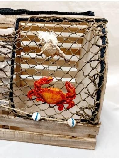 Decorative Lobster Trap Decor – Well Crafted Distressed Wood - Features Fishnet, Seashells Crab Starfish - Nautical Decorations for Home, Boats and Beach House - Decorative Crab Trap Gift Box