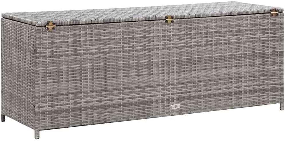 Outdoor Storage Box 59.1x19.7x23.6 in Grey Poly Rattan Cushion Bench with 352 lbs Capacity, Modern Seated Deck Container for Garden, Patio, Balcony