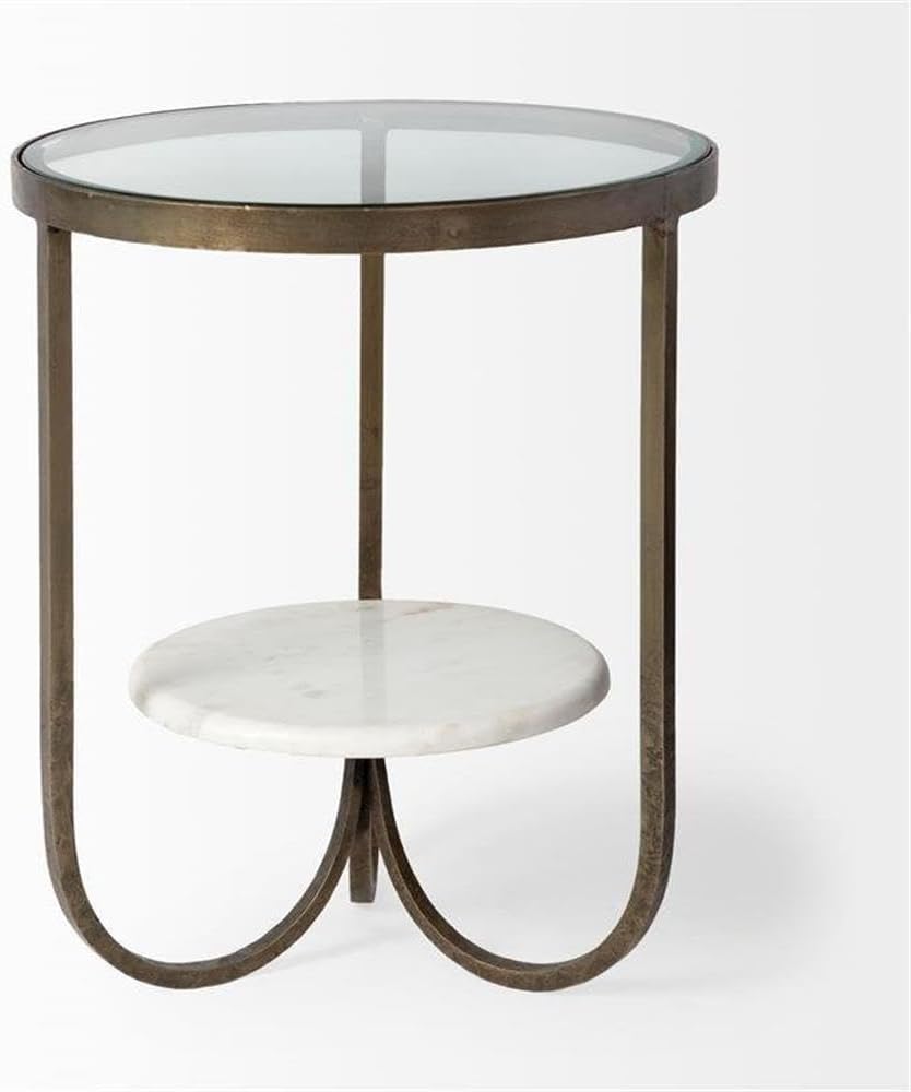 Pemberly Row Round Glass Top End Table, Gold Metal Frame with Marble Shelf, 20 in x 20 in x 24 in, Durable Iron Construction, Elegant Design for Living Room or Office Decor