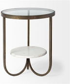 Pemberly Row Round Glass Top End Table, Gold Metal Frame with Marble Shelf, 20 in x 20 in x 24 in, Durable Iron Construction, Elegant Design for Living Room or Office Decor