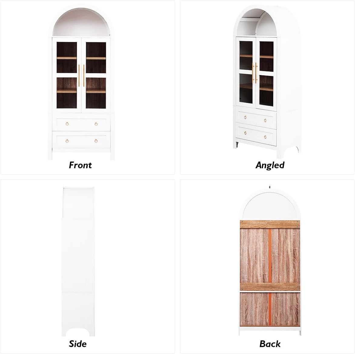 71" Tall Arched Kitchen Pantry Cabinet with 2 Large Drawers & Adjustable Shelves, Arched Bookshelf with Storage Cabinet & Glass Doors, Wooden Versatile Cupboard for Dining Room (White)