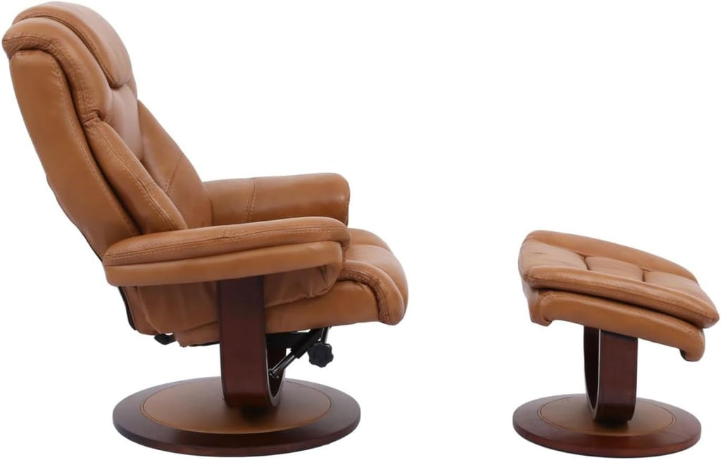 Pemberly Row Stressless Recliner with Ottoman in Brown Leather, Manual Swivel Recliner Chair for Living Room Comfort