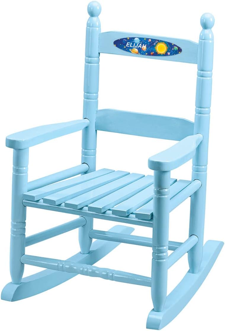 Fox Valley Traders Custom Space-Themed Children's Rocking Chair, Durable Wood - Measures 14 1/2" Wide x 11 1/2" Deep; 22 1/2" Overall Height, Blue Font