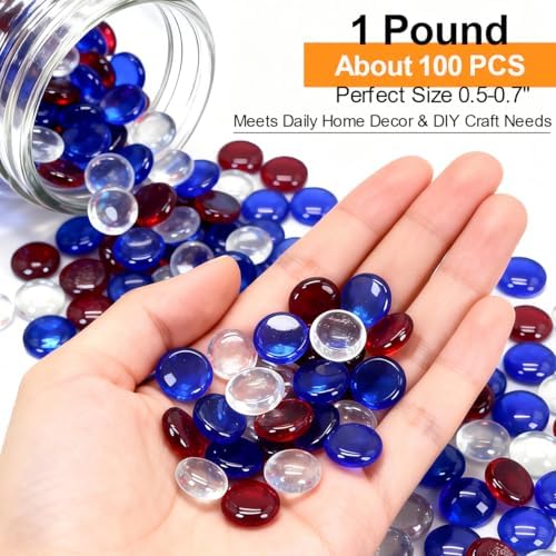 Mini Glass Gems for Vase,Mixed Colour Glass Stones Flat Bottom Marble Beads for Aquarium Fish Tank Planter Crafts Home Decorative Art Craft Vase Filler (Red Blue and Transparent, 1 Pound)
