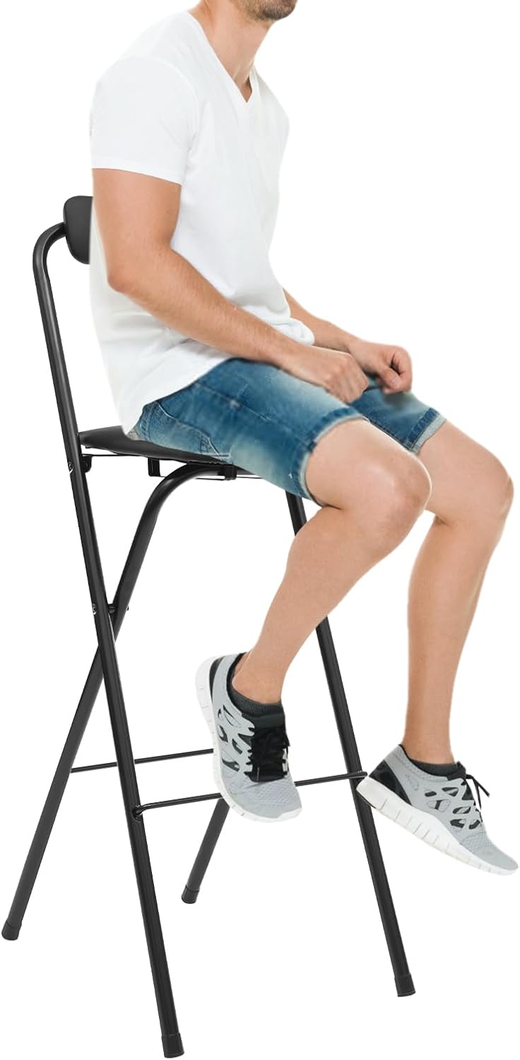 Folding Bar Stool with Back, 30 Inch Tall Foldable Bar Chair with Backrest Sponge Cushion, Counter Height Portable Folding Stool, for Kitchens Dining Rooms Bars Cafes (Black, 1Pcs)