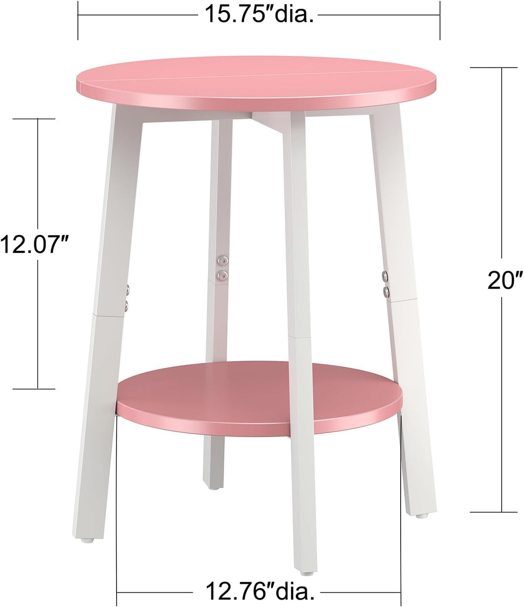 sthmec Side Table, Small Round End Table with Storage Shelf for Small Space, 2-Tier Bedside Table Sofa Couch Table, Round Accent Table Nighstands for Living Room, Bedroom, Pink