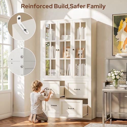 80" Modular Kitchen Pantry Cabinet, 2-in-1 Freestanding Tall Pantry Cabinet with Glass Doors & Adjustable Shelves, Large Hutch Storage Cabinet for Kitchen & Living Room (2, White, AB)