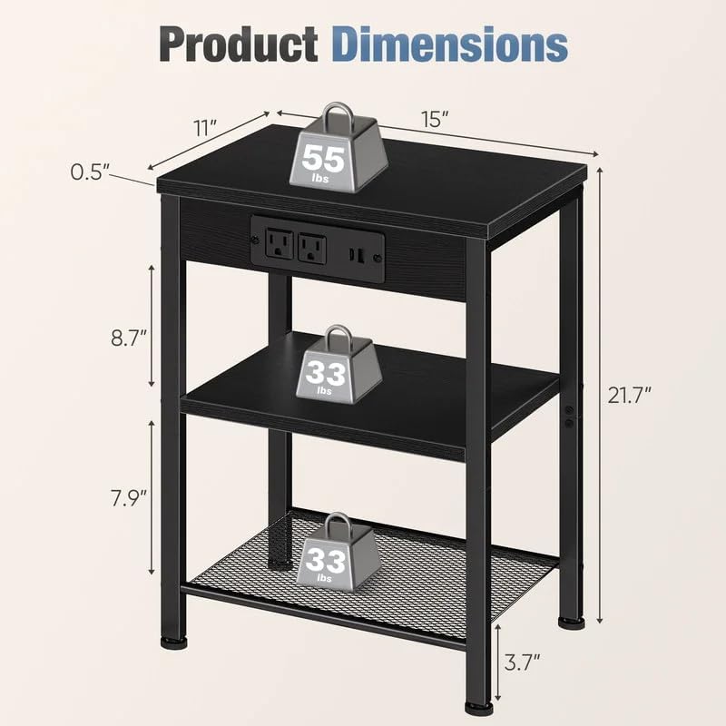 Small Side Table with Charging Station, 3-Tier Adjustable Nightstand with Outlets and USB Ports for Living Room Bedroom, Black Metal End Table for Small Spaces