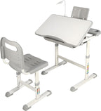 Kids Desk and Chair Set,Height Adjustable Childrens Homeschool Study Table with Storage Drawer, LED Light,Cup Holder,Bookstand, for 3-15 Years Boy and Girl, Grey