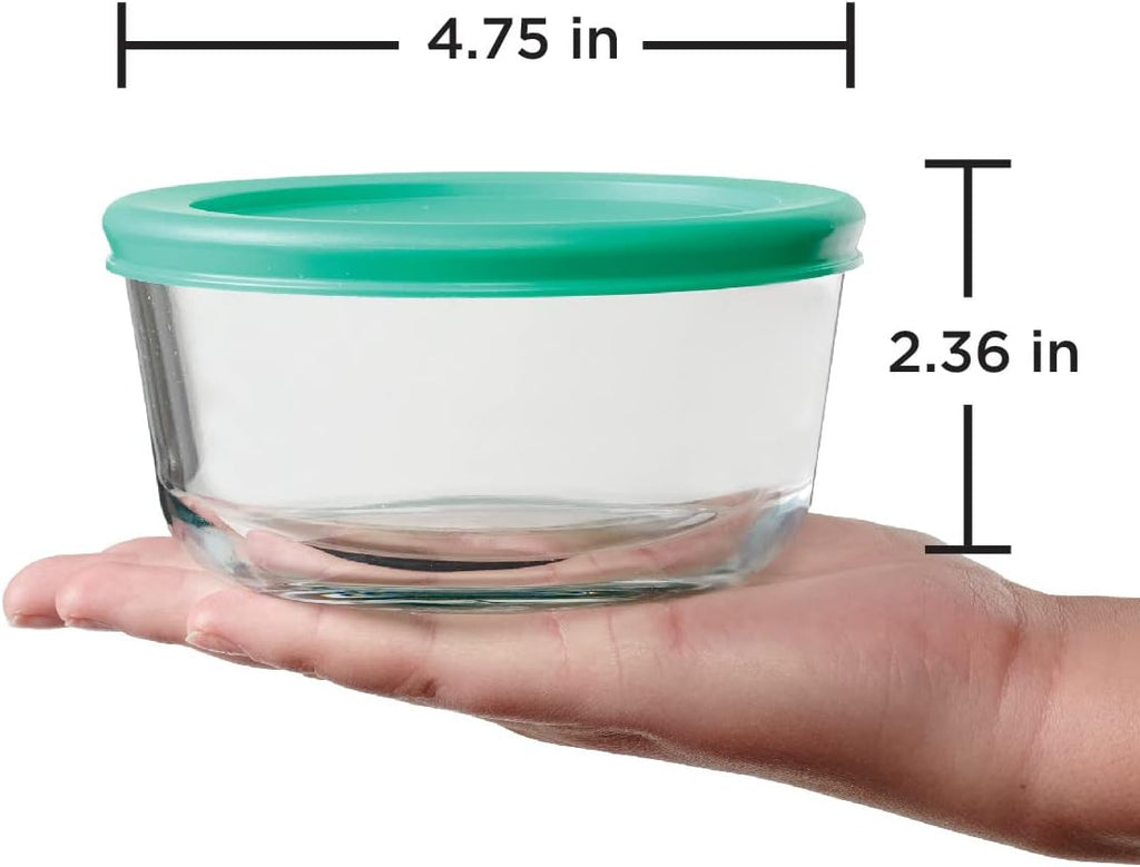 Anchor Hocking 2 Cup Glass Storage Containers with Lids, Set of 4 Glass Food Storage Containers with Mint SnugFit Lids (Pack of 2)