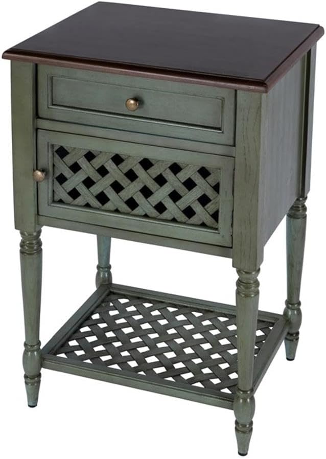 Beaumont Lane Rustic Wood End Table, 20" W x 16" D x 30.5" H, Mahogany Wood Solids & Veneer, Green Paint and Mahogany Finish, Drawer & Cabinet Storage, Antique Brass Pulls, Living Room Furniture