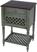 Beaumont Lane Rustic Wood End Table, 20" W x 16" D x 30.5" H, Mahogany Wood Solids & Veneer, Green Paint and Mahogany Finish, Drawer & Cabinet Storage, Antique Brass Pulls, Living Room Furniture