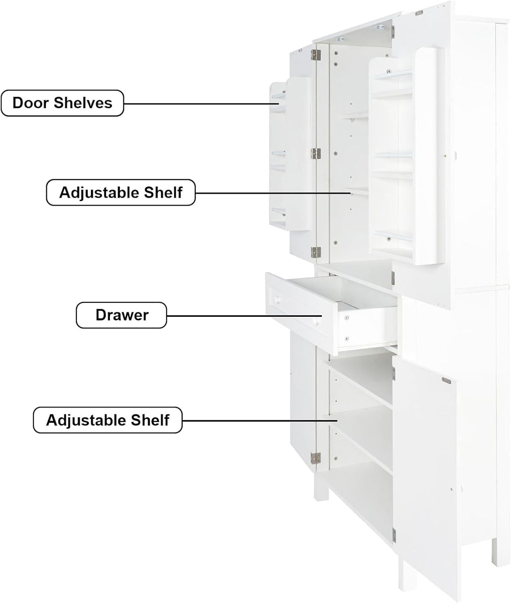 70.87" Tall Kitchen Pantry Storage Cabinet with 4 Doors and Drawer, White Wood Cupboard Locker with and Adjustable Shelves for Kitchen, Dining Room, Living Room, 29.53 inch