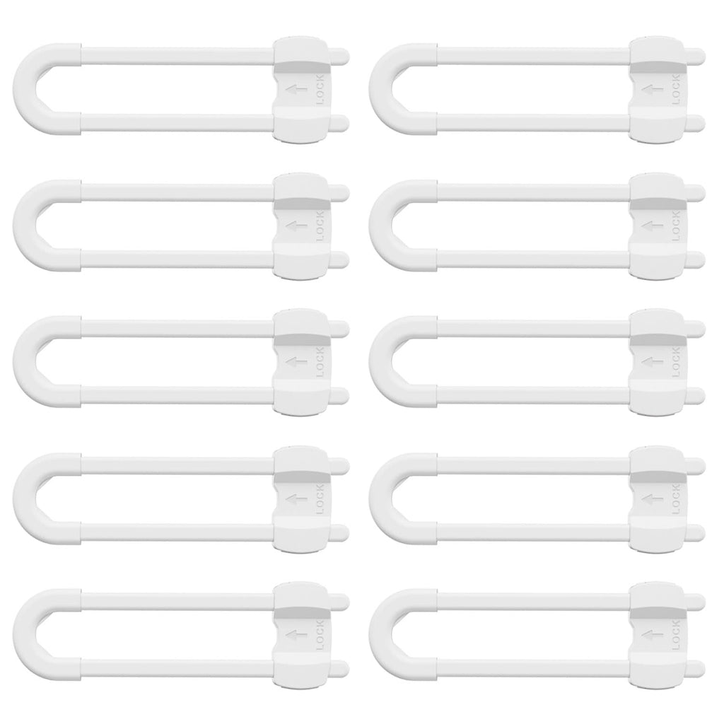 (10 pack white) 4 button Cabinet Locks, U-Shaped Proofing Drawers Safety Child Locks Adjustable, for Wardrobe,Kitchen,Bathroom,Drawer,Fridge,Cupboard Doors Knobs & Handles
