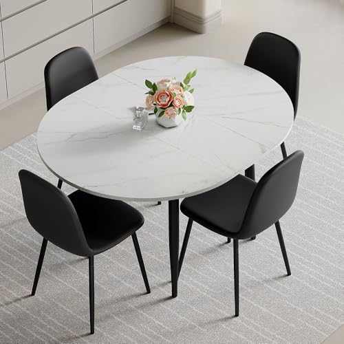 FURNITO Round Dining Table Set for 4, 42"-54" Extendable Dining Room Table Set for 4, White Kitchen Table and Upholstered Chairs Set of 4, 5 Piece Dining Table Set for Small Spaces, Easy Assembly