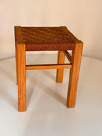 Pine Wood Woven Rope Stool, Mid-Century Modern Footrest, Rustic Square Seat for Living Room Bedroom