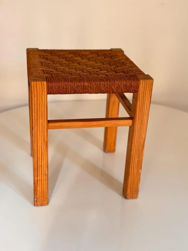 Pine Wood Woven Rope Stool, Mid-Century Modern Footrest, Rustic Square Seat for Living Room Bedroom