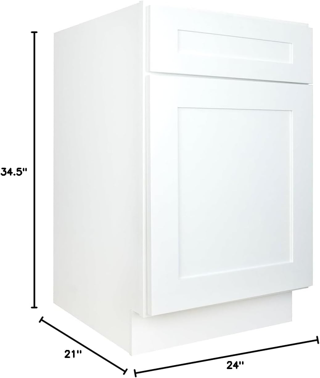Hollywood Fabiani Design Base Kitchen Cabinet - 21 in. W x 24 in. D x 34.5 in. H, Shaker White, Solid Wood Frame, 1/2-Inch Cabinet-Grade Plywood Box, Soft-Close Door, Ready to Assemble
