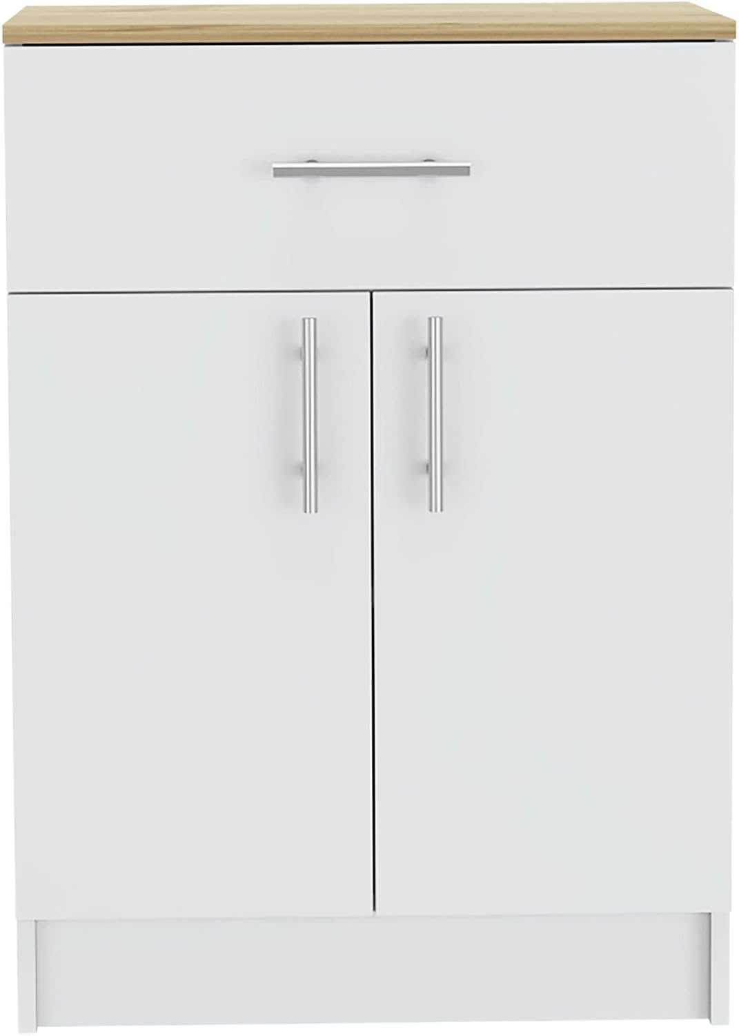 Contemporary Kitchen Island + Pantry Cabinet Combo, Kitchen Storage, White and Light Oak Freestanding Set, Cupboard, with Prep Space and Ample Storage