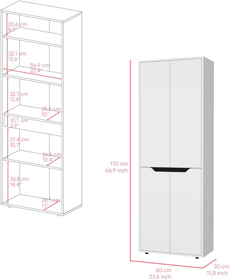 23.6" D*11.8" W*66.9" H Freestanding Storage Cabinet with 3 Shelves, Double Door, Rectangular Kitchen Pantry, Modern Minimalist, for Living Room, Dining Room, White