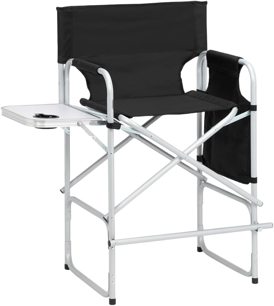 26.5" High Folding Directors Chair with Footrest, Side Table & Cup Holders - Portable for Camping, Fishing, Makeup Studios, and Indoor/Outdoor Use (Black)