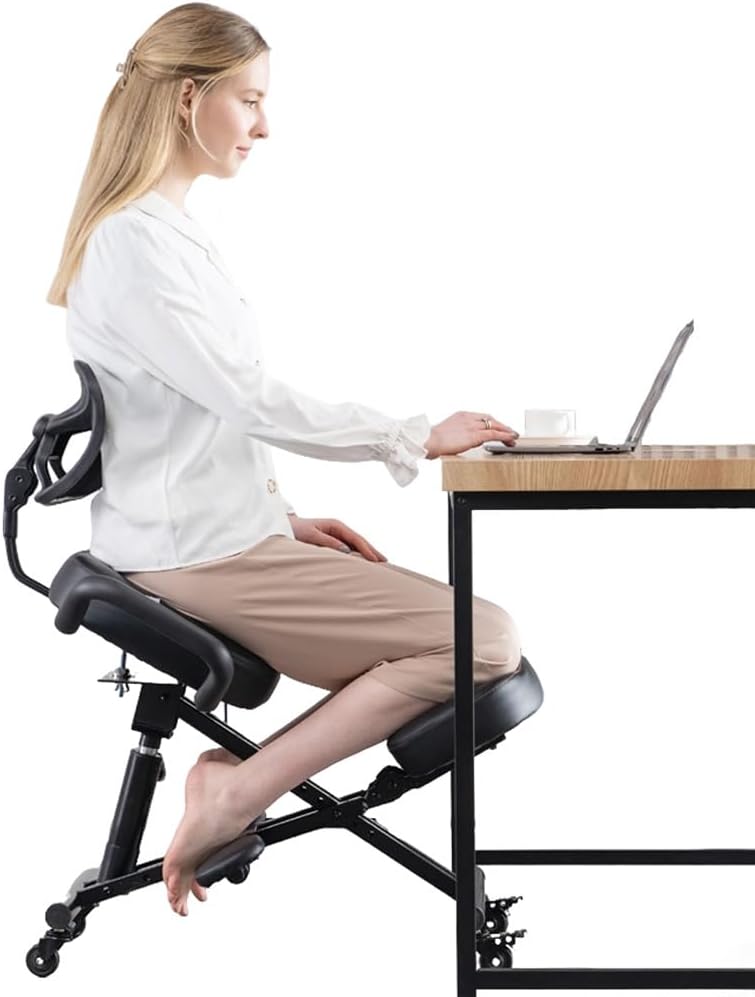 Ergonomic Kneeling Chair with Back Support and Wheels, Adjustable Balance Chair for Office and Home, Black