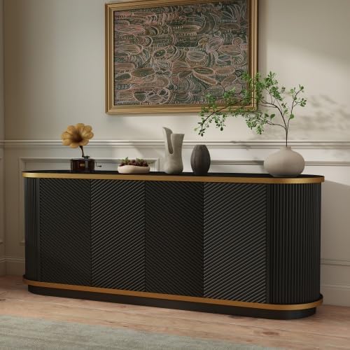 63" Modern Sideboard Buffet Cabinet, Console Table with 4 Doors & Storage, Faux Marble Top & Gold Trim, Multifunctional TV Stand for Living Room or Dining Room, Black
