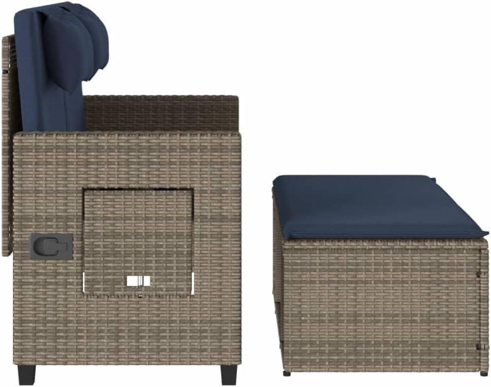 Garden Bench Grey PE Rattan Medium Adjustable Armrests,Reclining Garden Bench with Comfortable Cushions Outdoor Sofa Bed for Two Patio Furniture