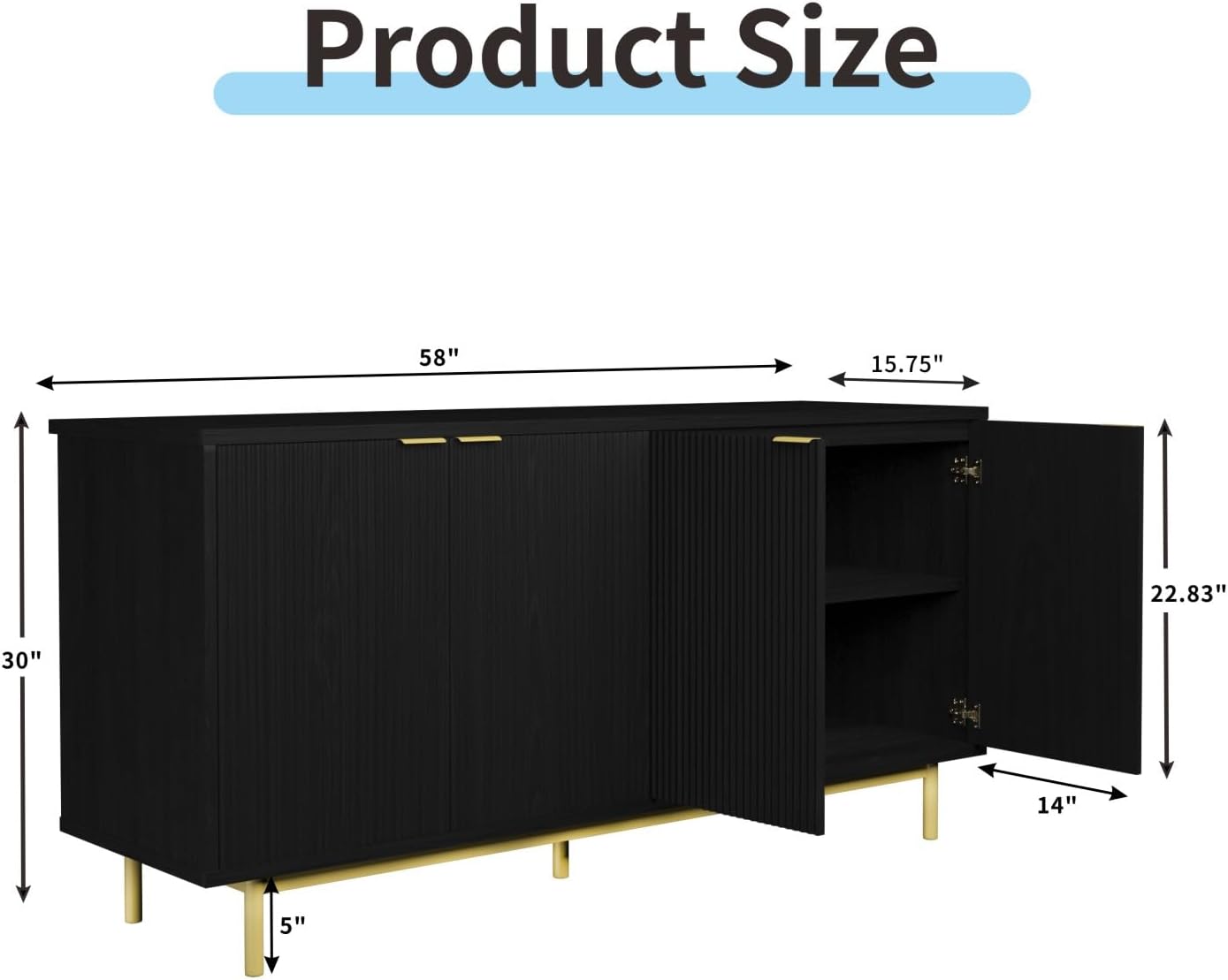 MUUEGM Buffet Cabinet with Storage, 58" Fluted Sideboard Kitchen Storage Cabinets with Shelves and 4 Doors, Modern Wood buffets & Sideboards for Dinging Room, Living Room, Black Storage Cabinet