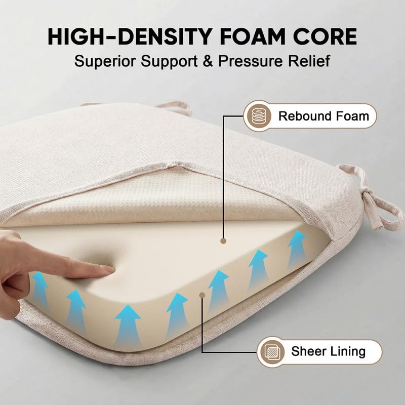 Chair Cushions Set of 4, D-Shaped Seat Cushion for Chair, Non Slip Chair Pads with Ties, 18" x 16" x 2", 40D Foam, Removable Washable Cover, Seat Cushions for Kitchen Chairs, Beige