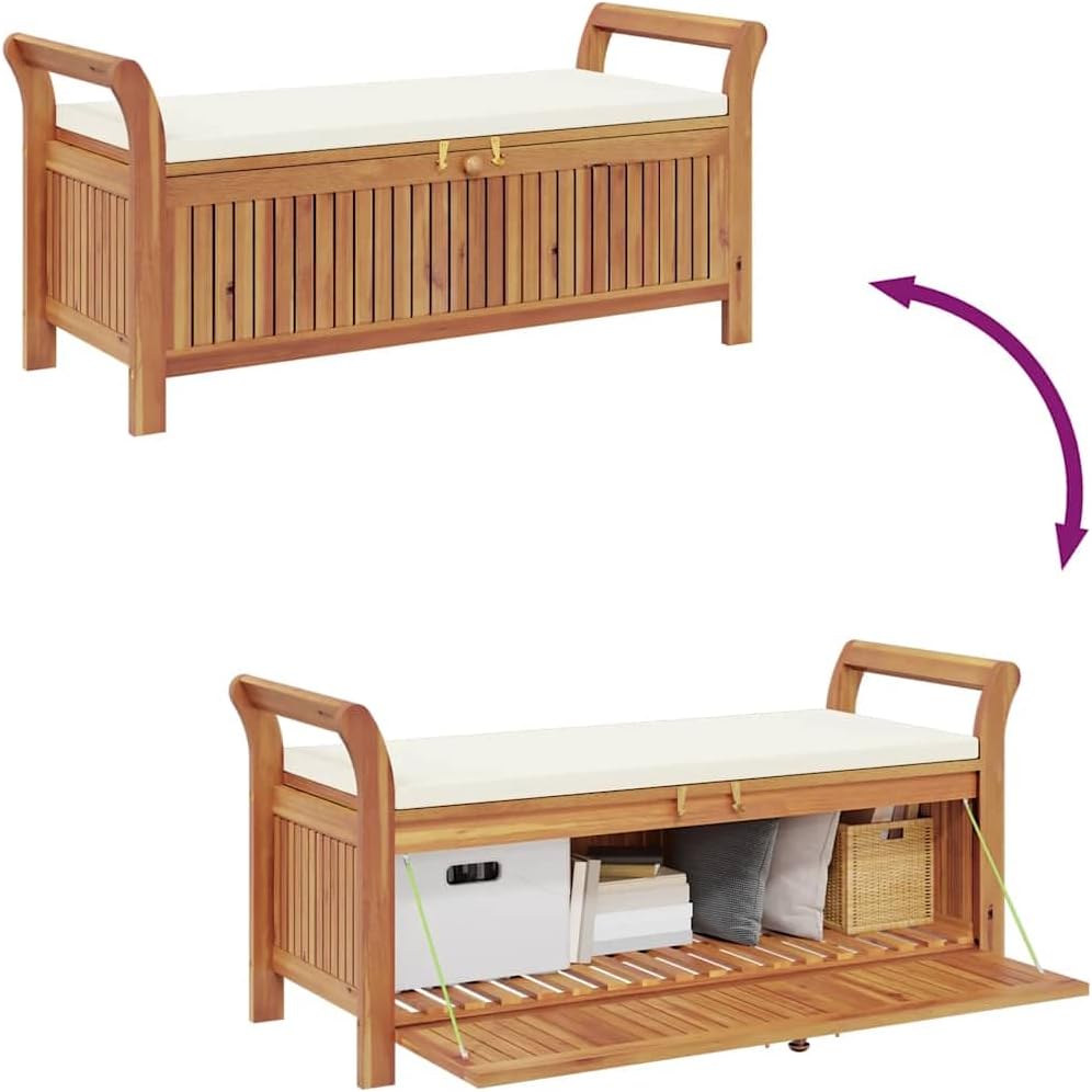 Acacia Wood Patio Storage Bench with Cushion, 49.6 Inch Outdoor Garden Storage Bench with Curved Arms, Solid Wooden Seat for Cushions Pillows Blankets Toys