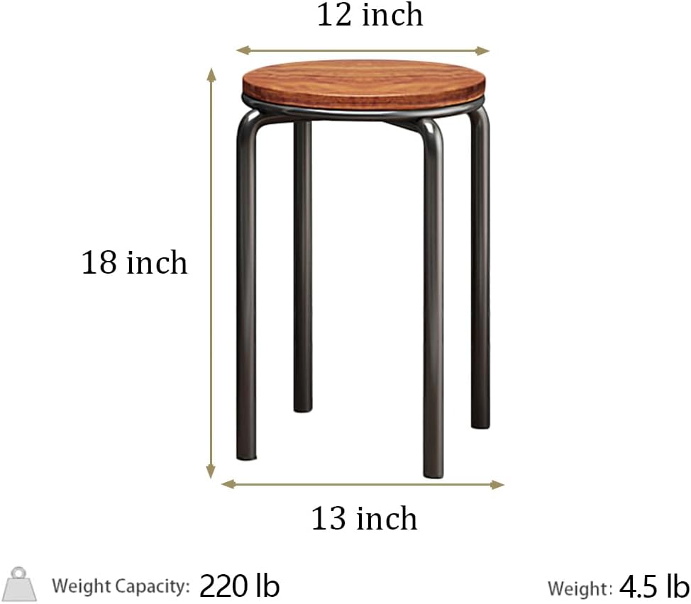 Stacking Stools Set of 4, 18" H Backless Round Wooden Top Portable Stackable Stools with Metal Frame (Brown)