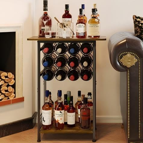 3-Tier Wine Rack Freestanding Floor Cabinet Corner Bar Cabinet Bar Cart,12 Individual Wine Storage Bottle Compartments Corner Bar Cabinet Holder,Wood + Black Frame Liquor Cabinet,Small Shelf For Homes