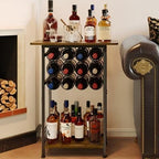 3-Tier Wine Rack Freestanding Floor Cabinet Corner Bar Cabinet Bar Cart,12 Individual Wine Storage Bottle Compartments Corner Bar Cabinet Holder,Wood + Black Frame Liquor Cabinet,Small Shelf For Homes