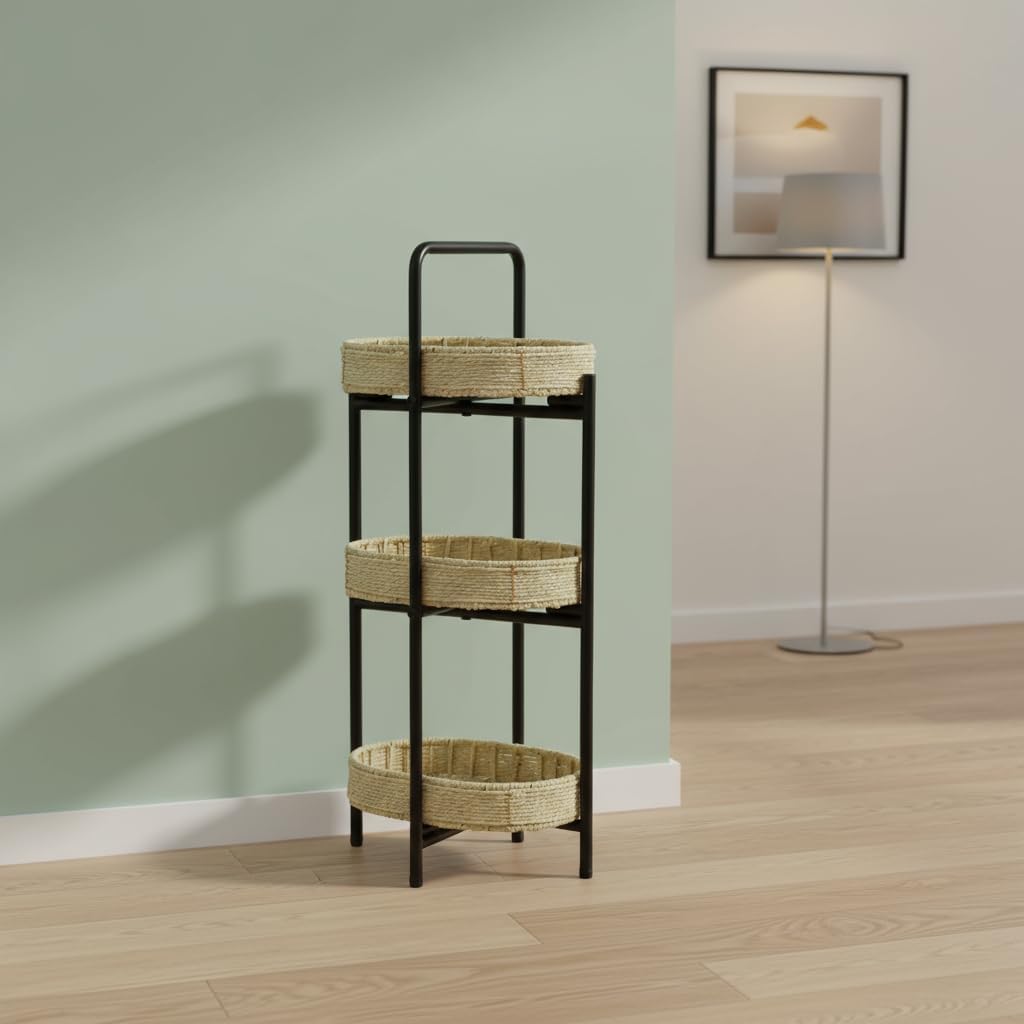 3-Tier Storage Side Table with Paper Rope Woven Baskets, Black Metal Frame, Natural Oval Trays, 11.81x8.26x28.74 Inches, Modern Farmhouse Design for Living Room, Kitchen