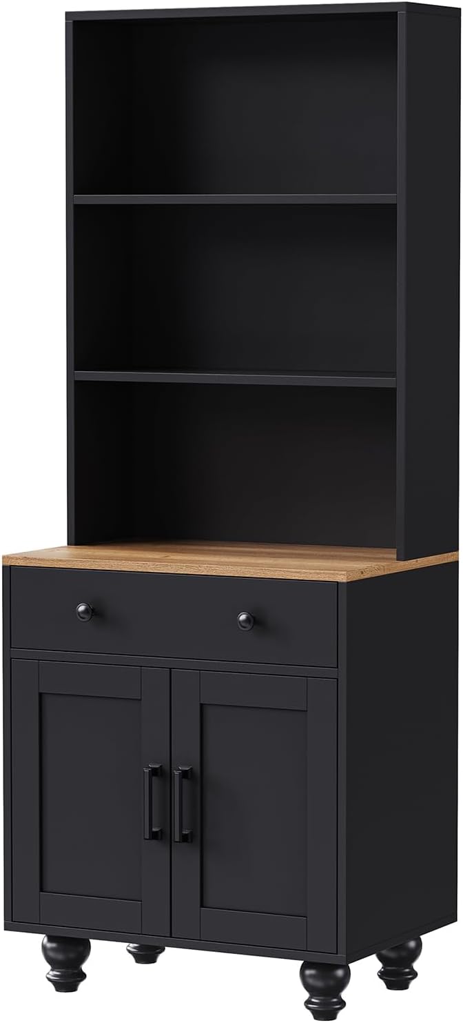 Black Kitchen Hutch Storage Cabinet, 23.6" W Small Kitchen Pantry Cabinet with Microwave Stand Freestanding Kitchens Pantry Storage Cabinet with 2 Doors, 1 Drawer and 2 Shelves, Black