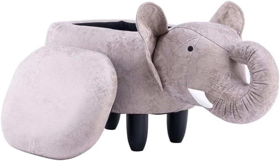 Pemberly Row Elephant Fabric Storage Ottoman/Stool, Gray/Black Finish, 15.75"H x 14.17"W x 28.74"D, Upholstered Kids Room Seating with Storage, Cute Animal Theme, Easy Assembly for Bedroom or Playroom