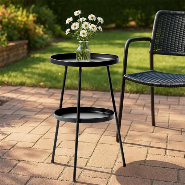 Everoot 2 Tier End Table - Metal Side Table Waterproof Small Sofa Coffee Side Tables Bedroom Indoor Outdoor with Removable Tray for Living Room Bedroom Balcony and Office (Black)