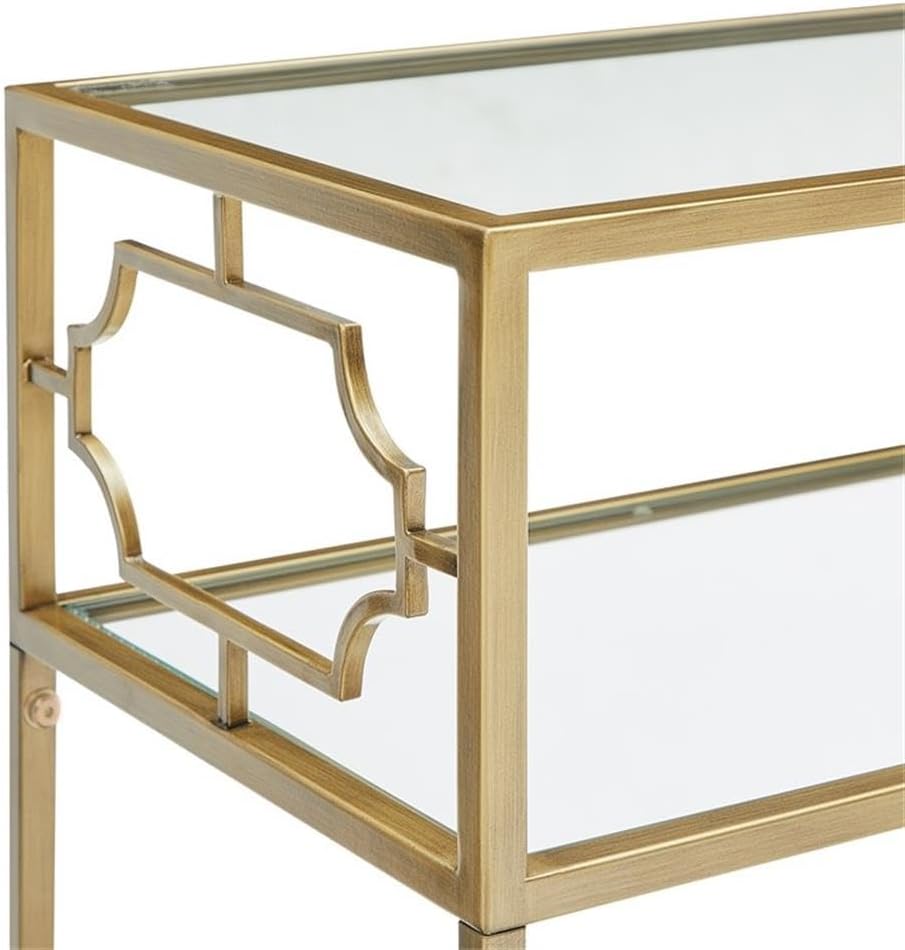 Pemberly Row Rectangular Accent Table, Antique Gold Metal Frame and Clear Tempered Glass, 23.38" W x 13.38" D x 26" H, 2-Tier Design with H-Style Stretcher, Modern Table for Living Room or Entryway