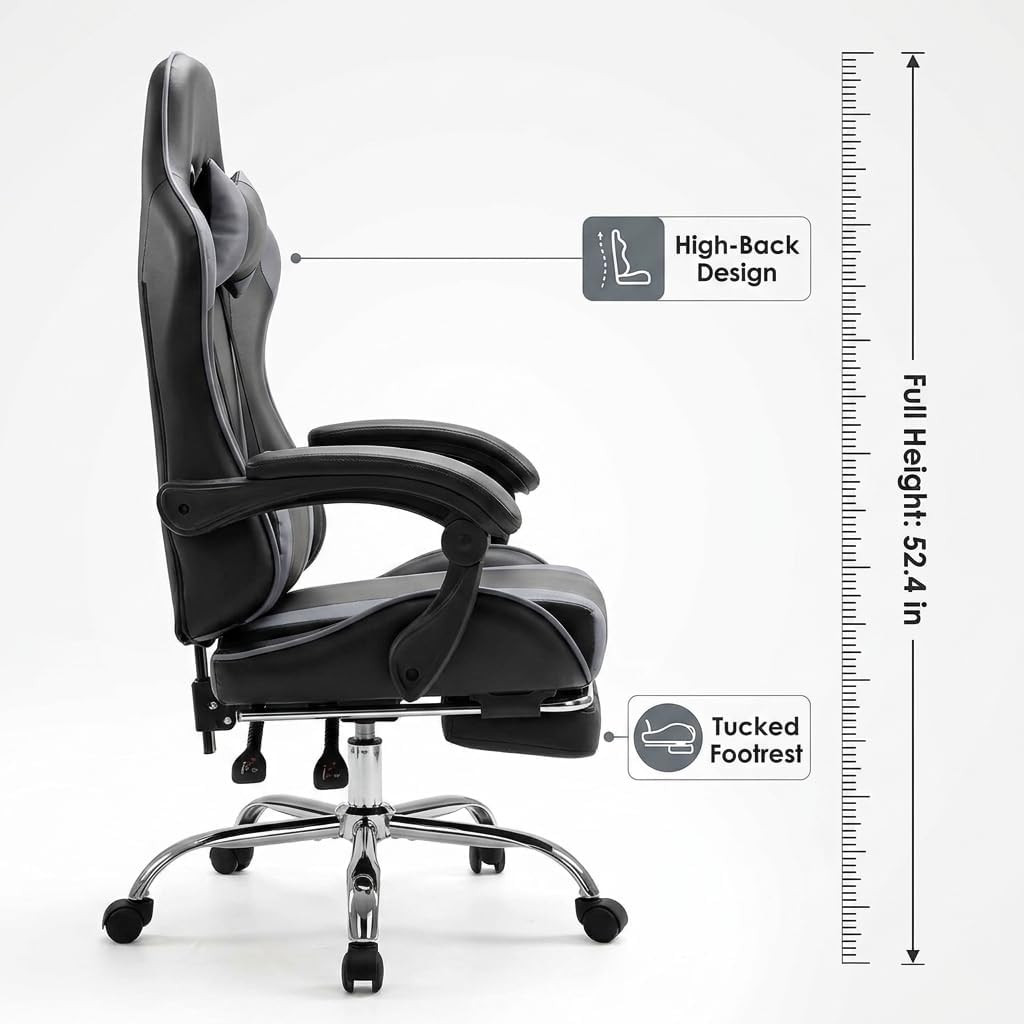 Racing E-Sports Gaming Chair - Ergonomic Grey PU Leather Computer Desk Chair with Footrest, High Back Recliner with Lumbar & Headrest Support, 360° Swivel for Home Office