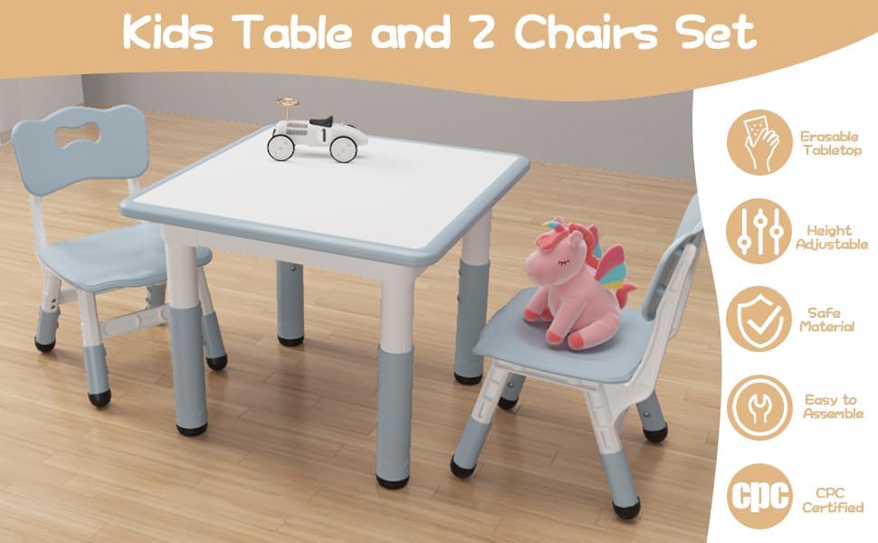 IDEALHOUSE Adjustable Height Kids Table and 2 Chairs Set – Writable Whiteboard Top, Non-Slip Legs, Easy to Clean, Ideal for Toddlers and Children Ages 2-10, Multi-Activity Table for Home, Nursery,