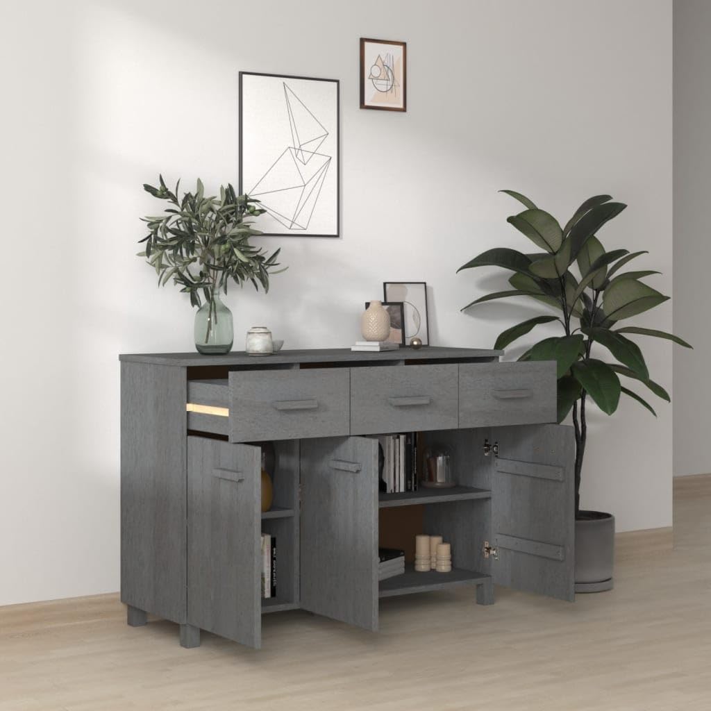 Sideboard Buffet Cabinet, Dark Grey Solid Pine Wood Credenza with 3 Drawers and 3 Doors, Wooden Storage Cupboard for Dining Room, Entryway, 44.5 Inches Long